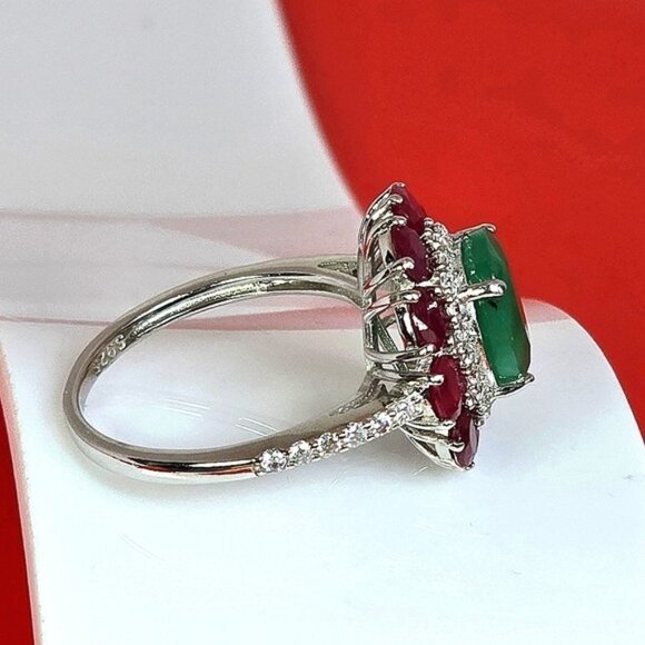 925 Sterling Silver Ring with Natural Emerald 11x8mm & Ruby Gemstone - Picture 12 of 16